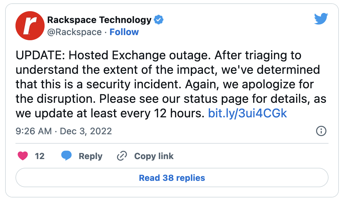 Rackspace security incident confirmation