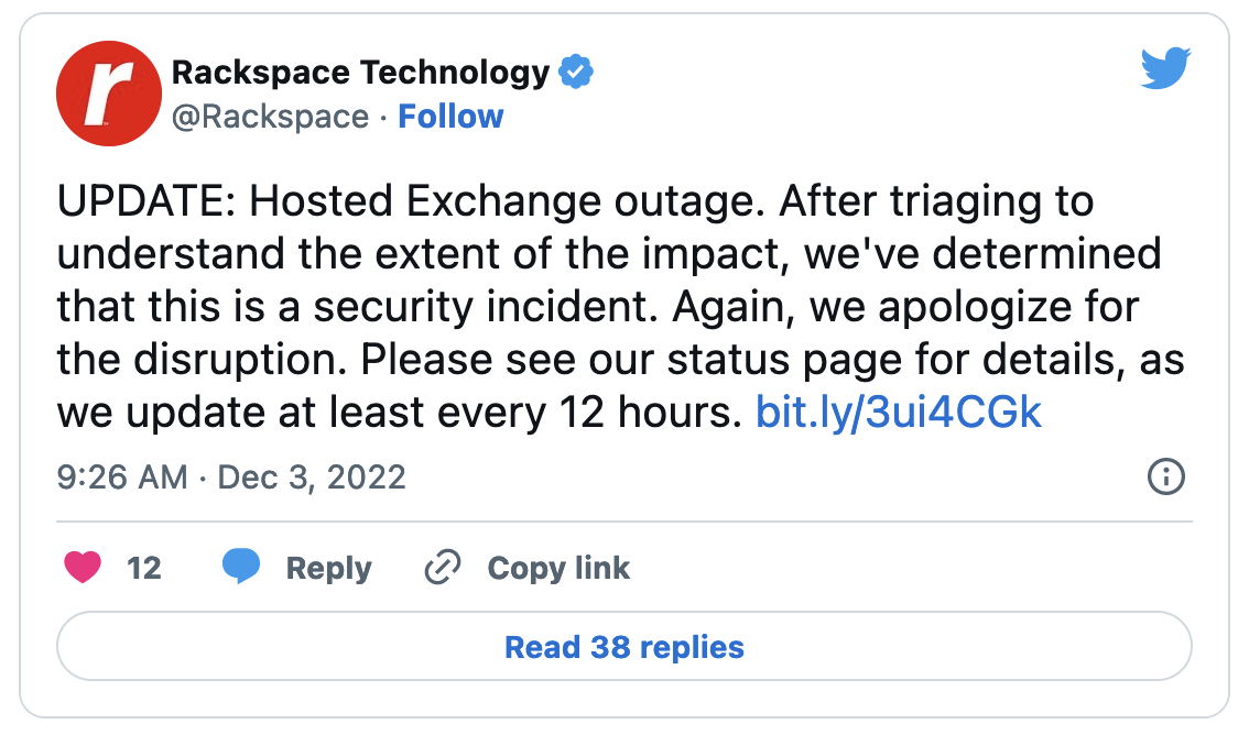 Rackspace Security Incident Confirmation