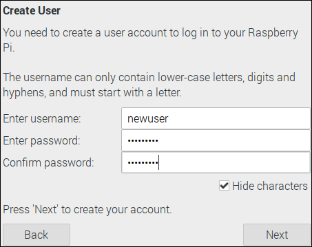 Raspberry Pi OS account creation wizard