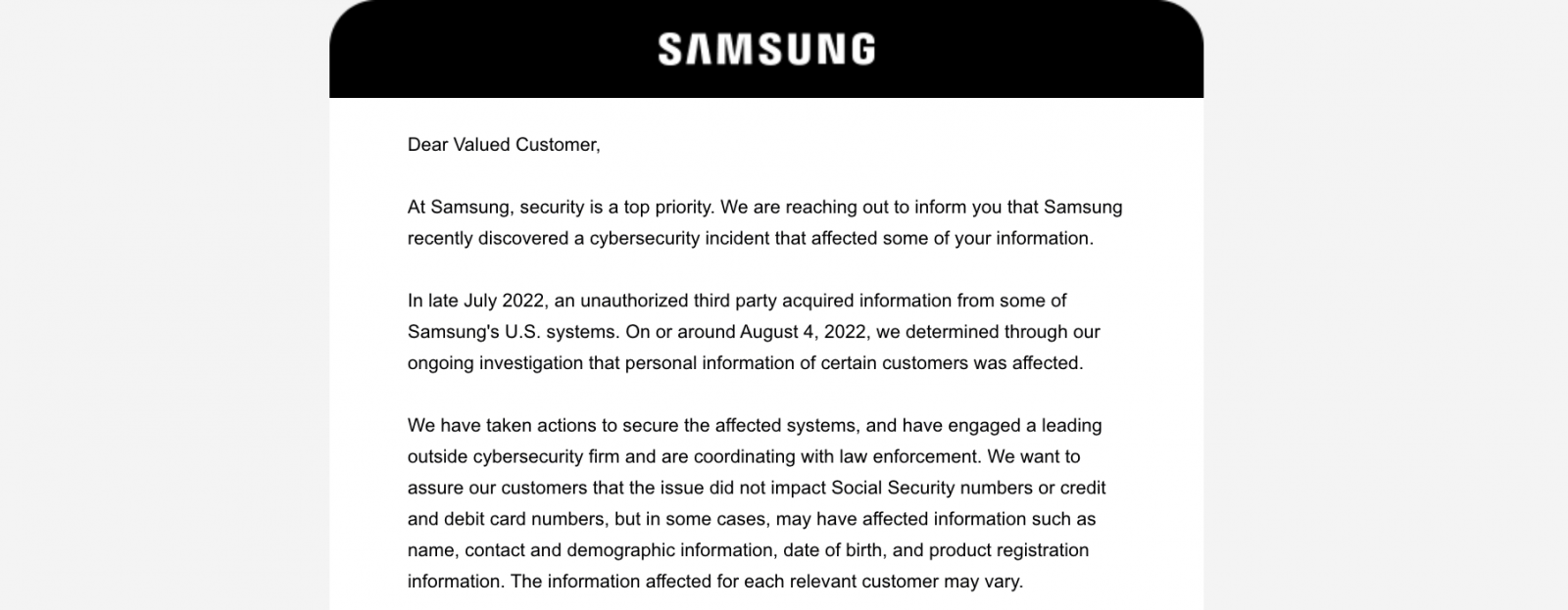 Samsung July data breach notification email