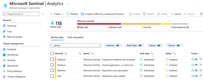 Microsoft Sentinel GitHub alerts