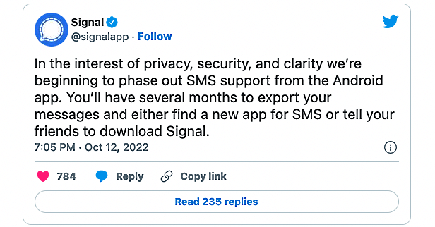 Signal dropping SMS