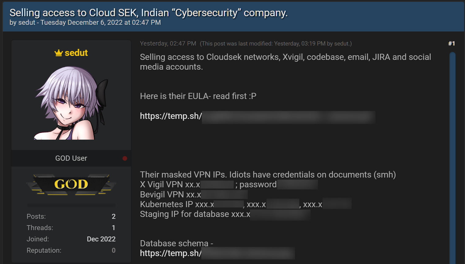 Allegedly stolen CloudSEK data up for sale