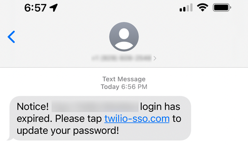 SMS phishing message sent to Twilio employees