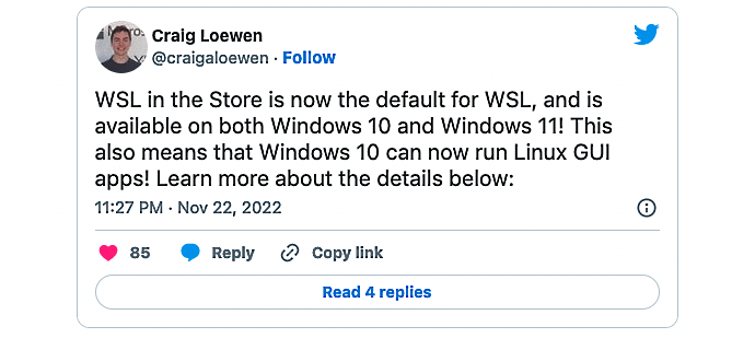 WSL en el tweet de la tienda