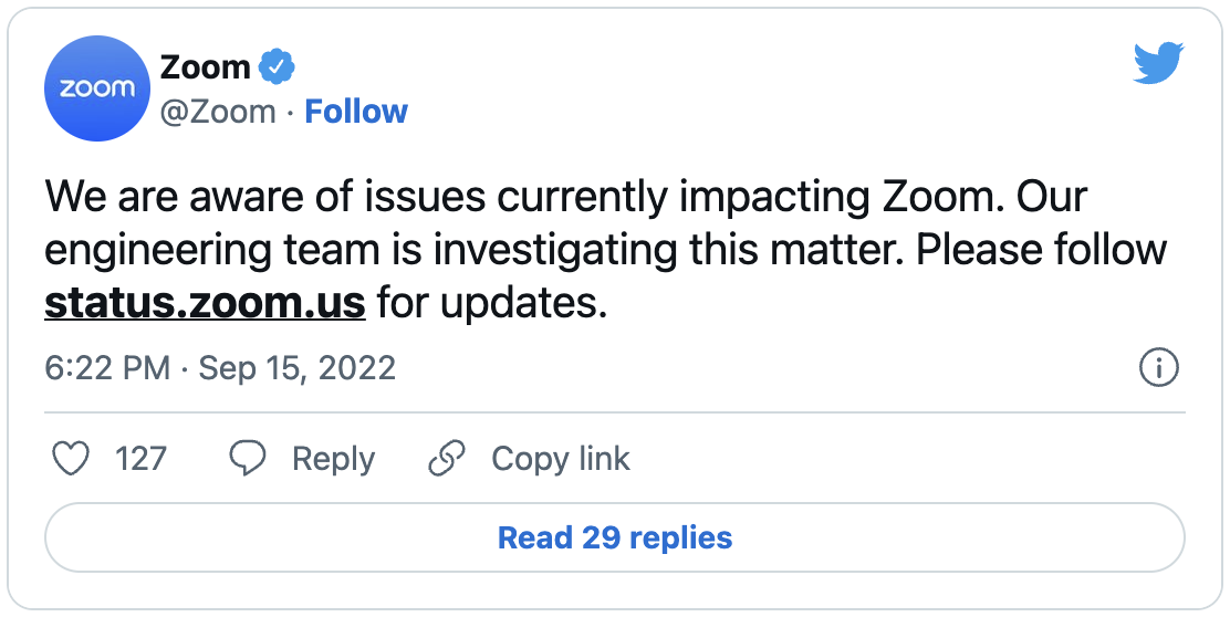 Zoom outage tweet