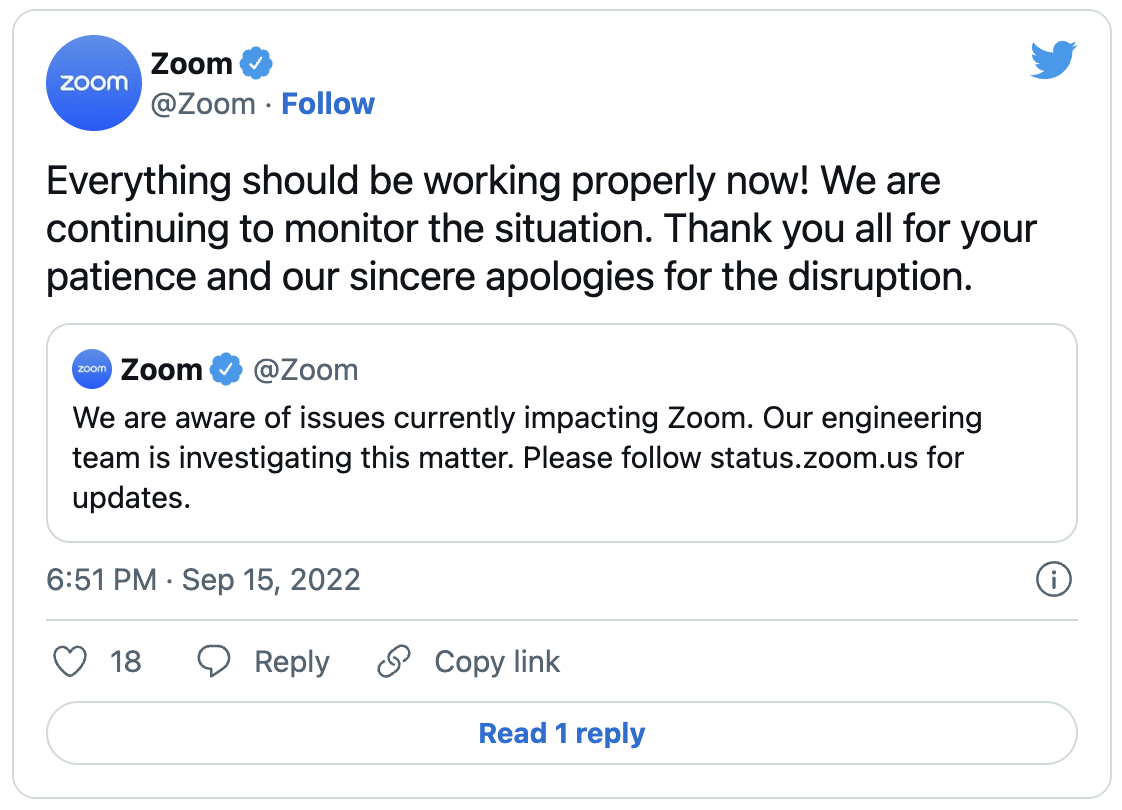 Zoom outage resolved