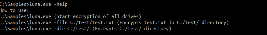 Argumentos de linha de comando do Luna ransomware