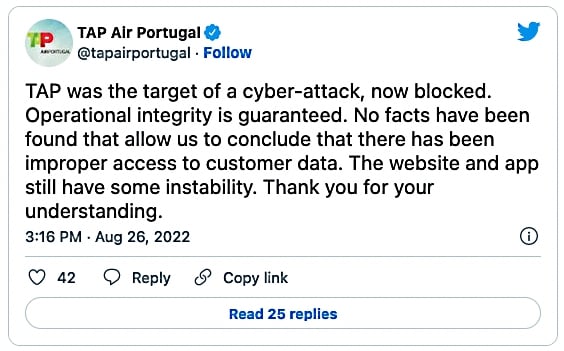 TAP Air siber saldırı tweet'i