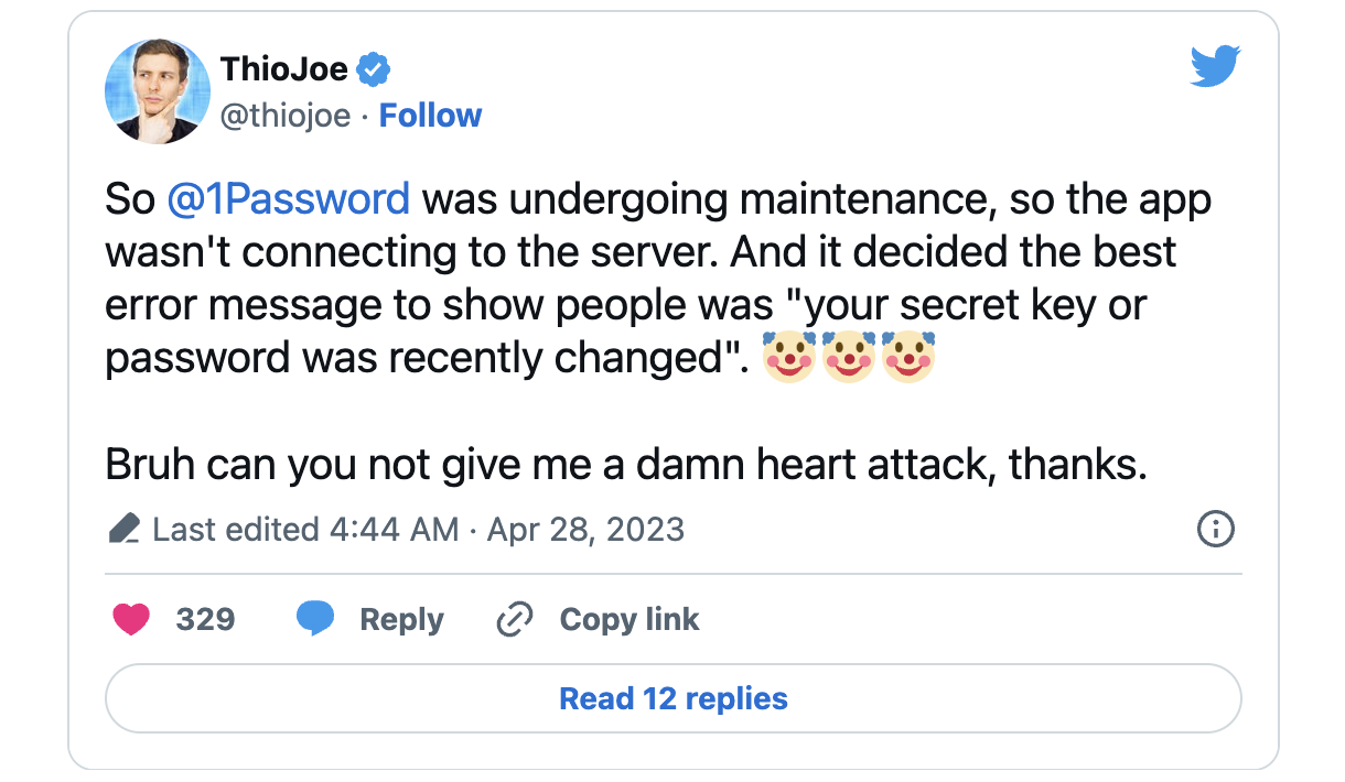 1Password error tweet