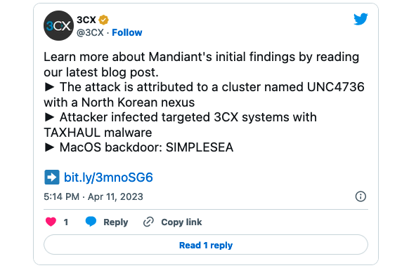 3CX UNC4736 tweet