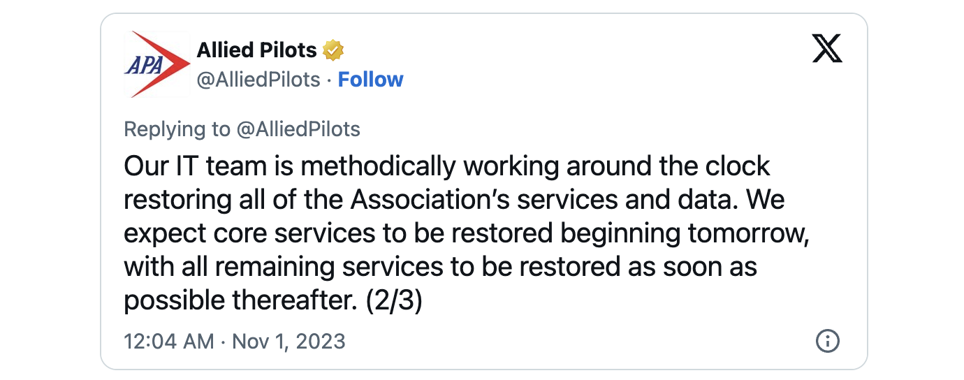 Allied Pilots Association ransomware restoration efforts