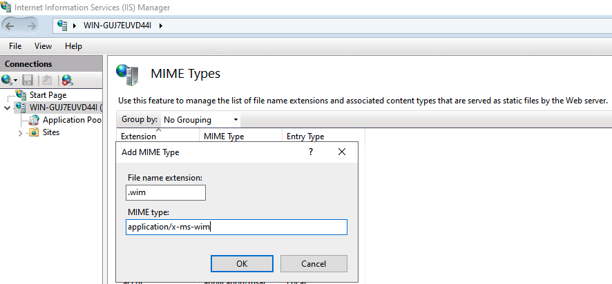 Re-adding the .wim MIME Type using the IIS Manager