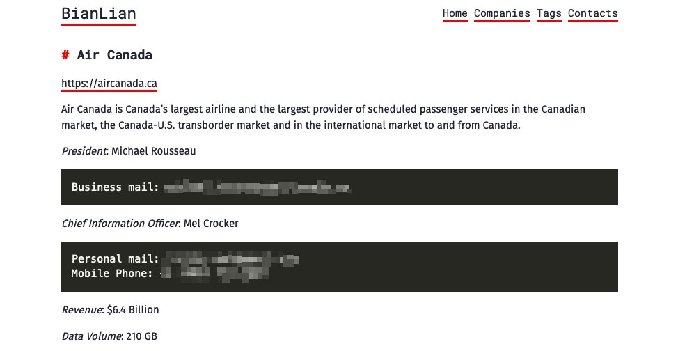 Air Canada BianLian leak page