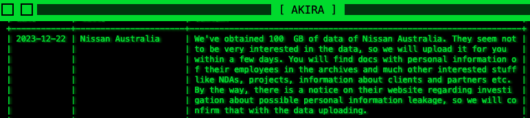 Akira Nissan information leak entry