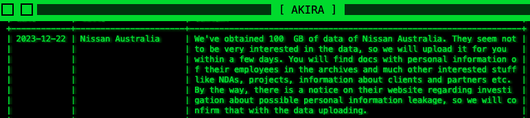 Akira Nissan data leak entry