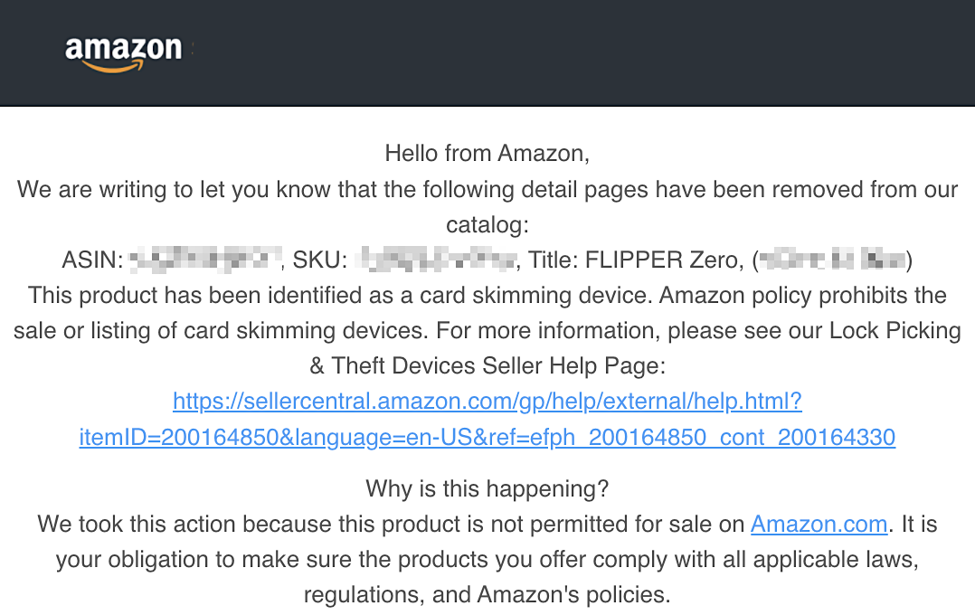 Amazon Flipper Zero 禁止通知