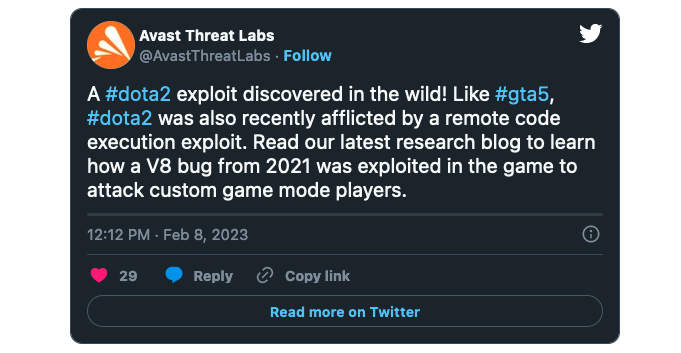 Tweet about Avast Dota 2 malware