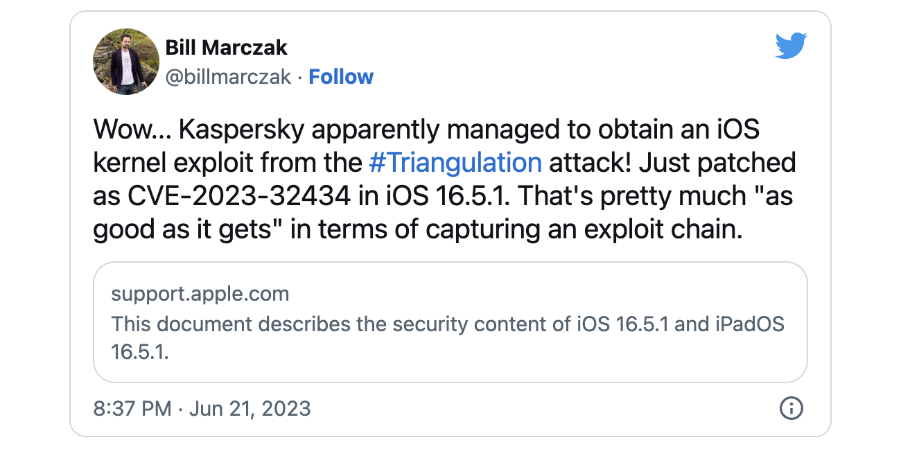 Tweet about Bill Marczak's triangulation