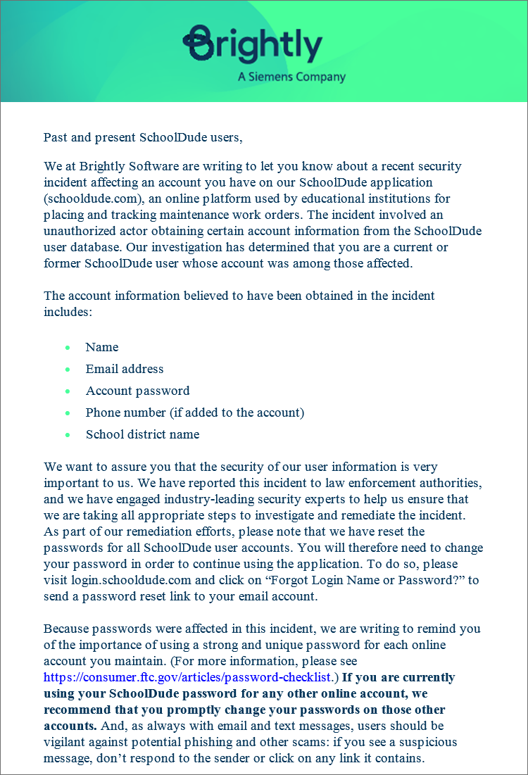 Brightly Data Breach Letter