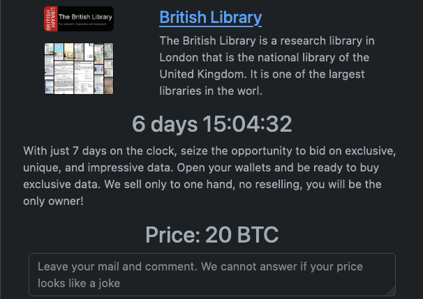 British Library entry on Rhysida's leak website