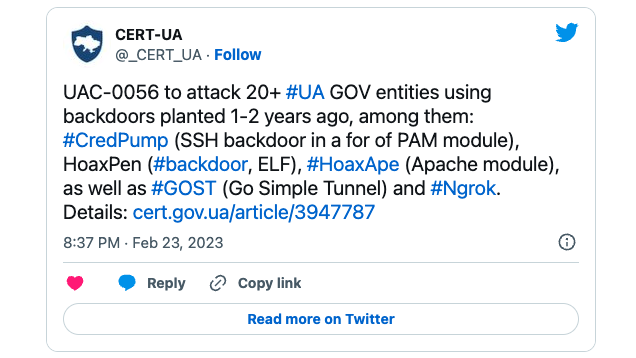 Tweet about CERT-UA backdoors
