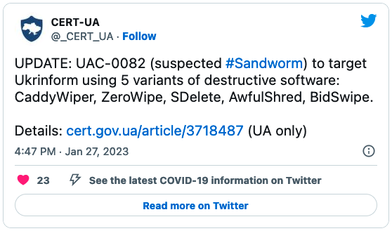 CERT-UA Sandworm Tweet