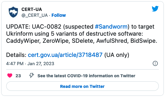 CERT-UA Sandworm tweet