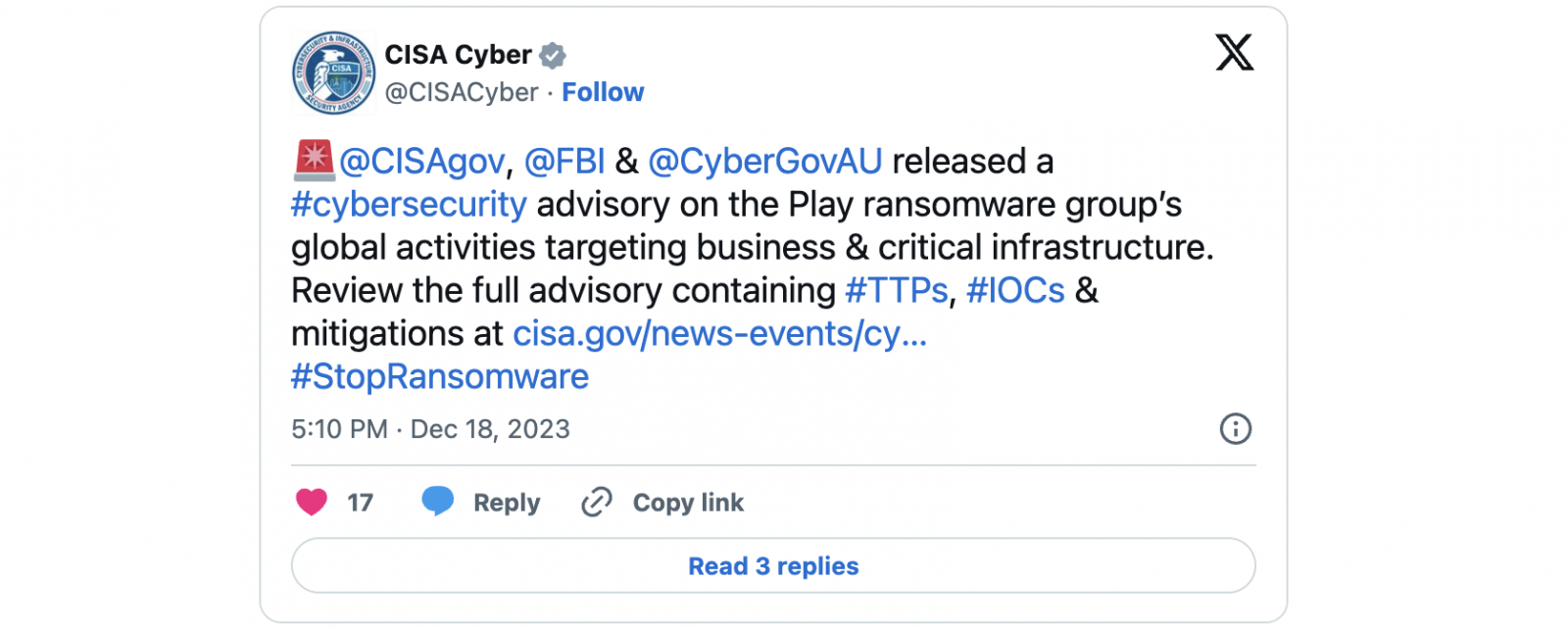 CISA Play ransomware tweet