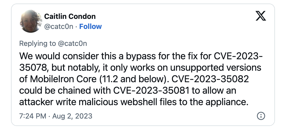 Caitlin Condon CVE-2023-35078 tweet