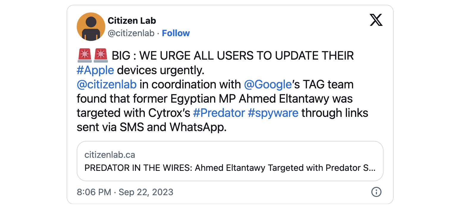 Citizen Lab Apple zero-day Predator spyware