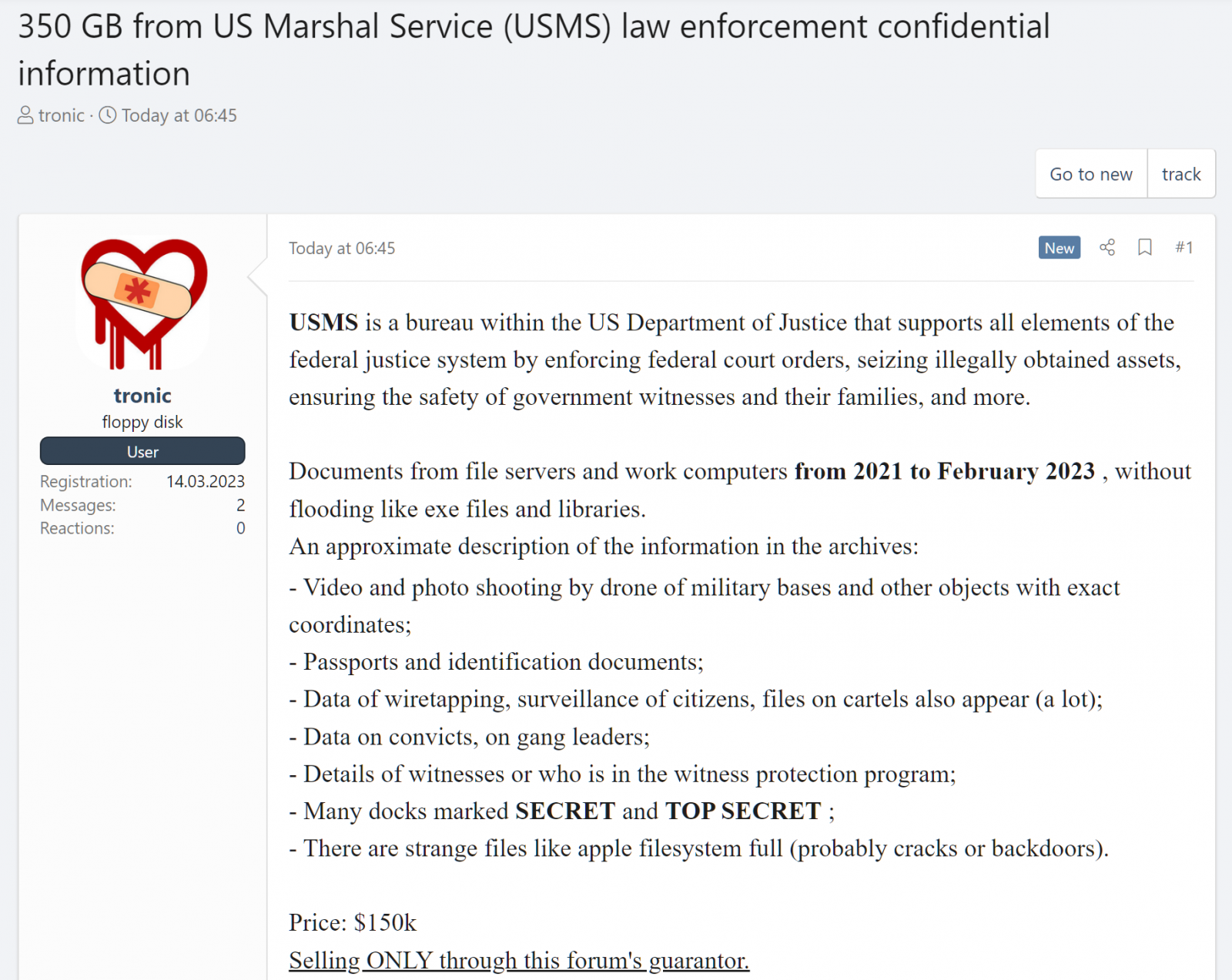 Data allegedly stolen from USMS for sale