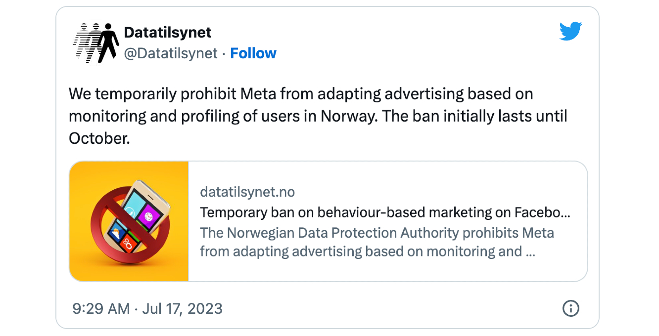 Datatilsynet Facebook behavioral ads ban tweet
