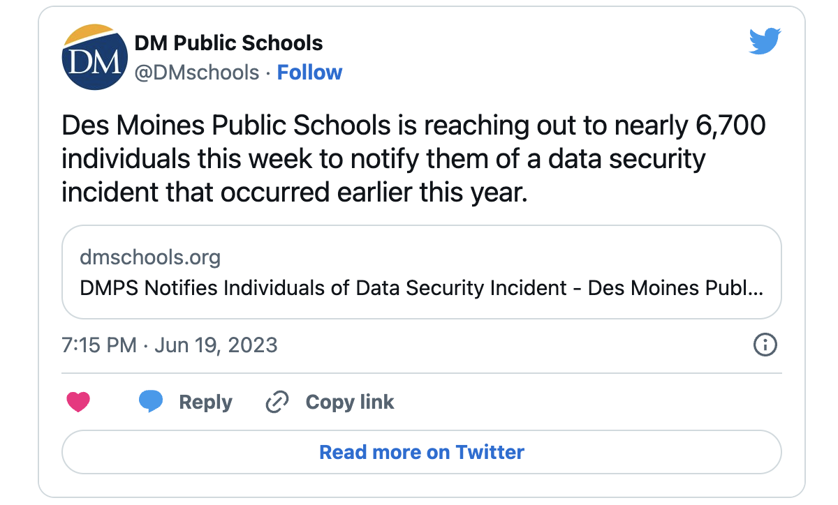 Tweet from Des Moines Public Schools