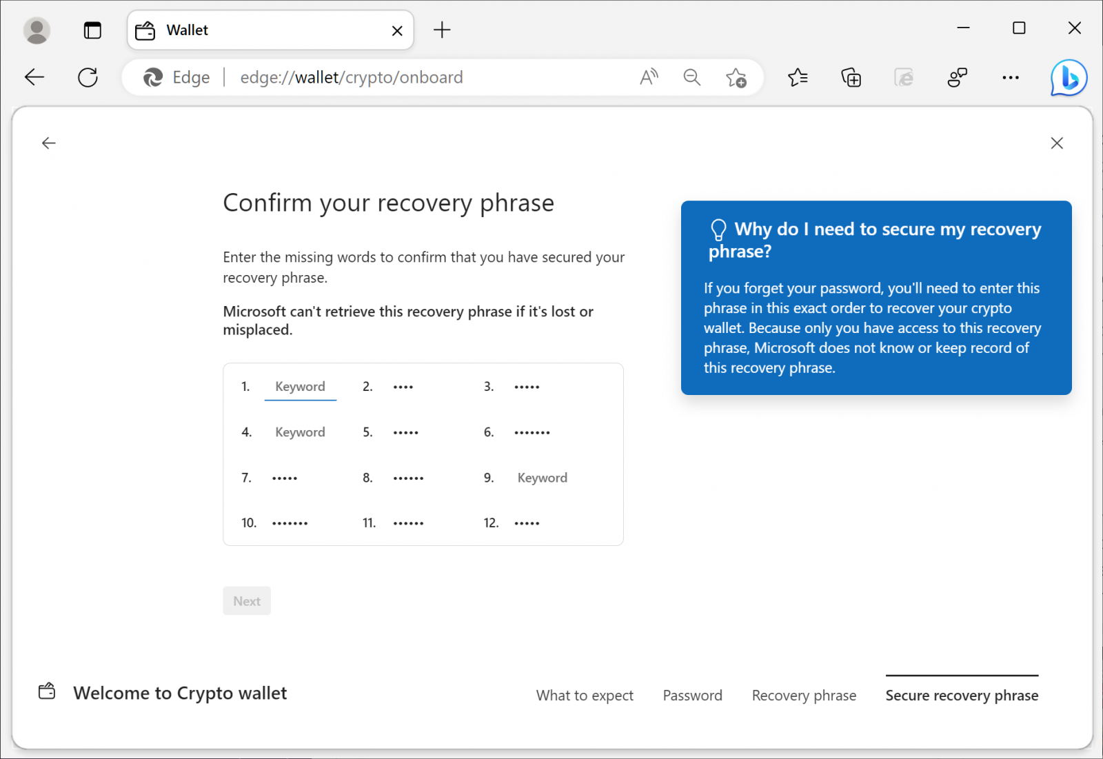 Setting up an Edge Crypto Wallet recovery phrase