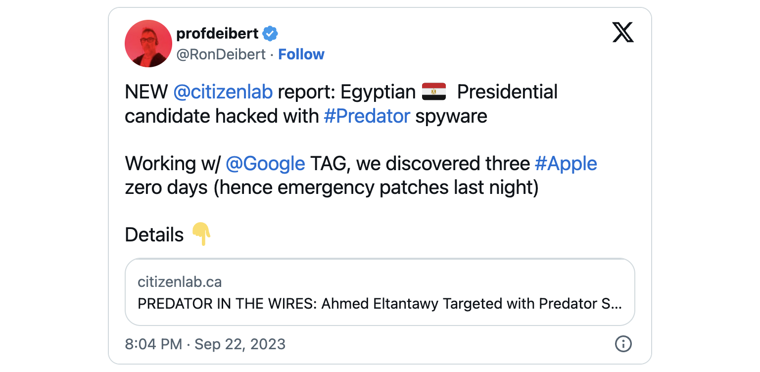 Egypt Predator spyware Apple zero-days