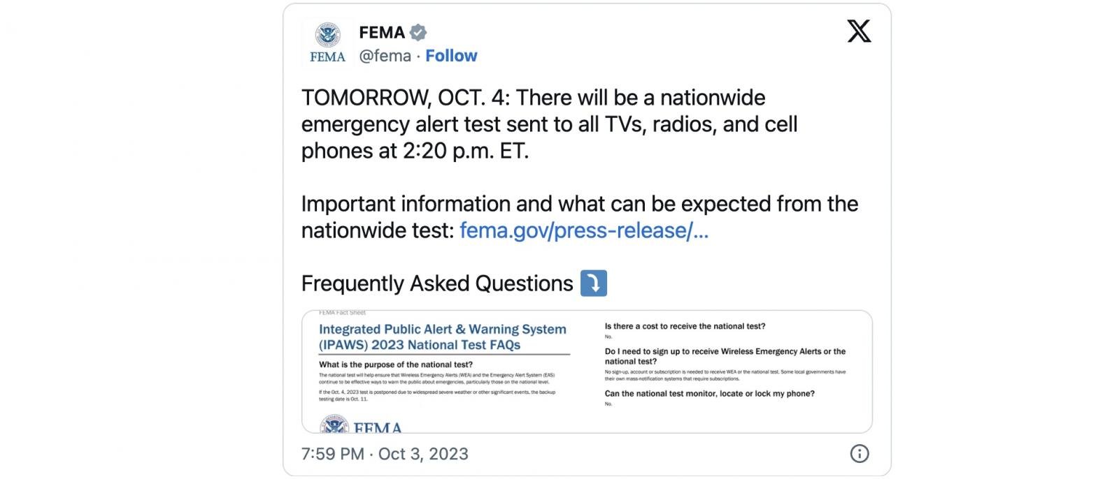 FEMA to Send Emergency Alert TEST to ALL TVs, Radios and Cell Phones Oct.  4th