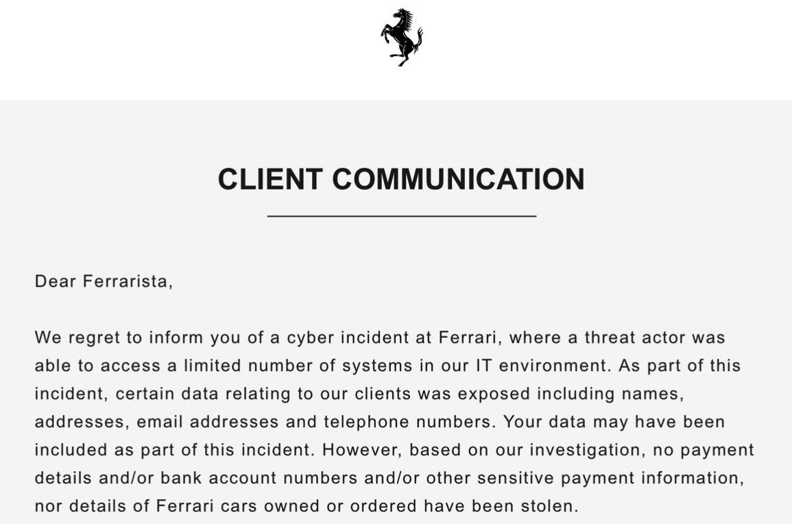 Ferrari breach notification letter