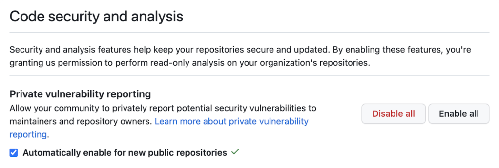 Enabling private vulnerability reporting