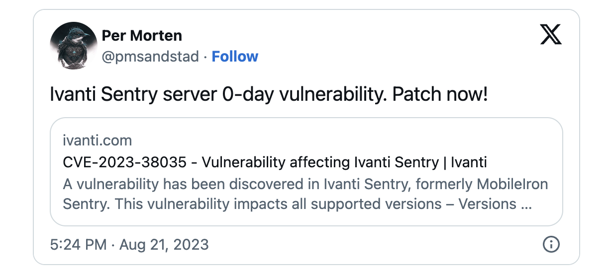 Ivanti CVE -2023-38035 tweet