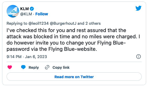 Tweet de confirmation de l'attaque de KLM