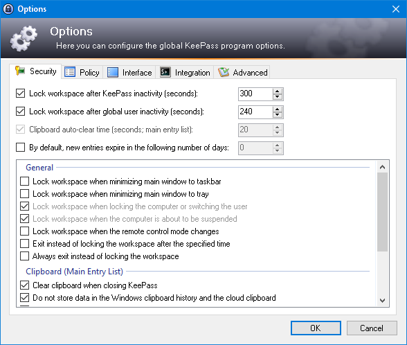 KeePass options disabled via enforced config