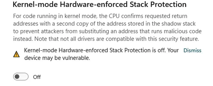 Kernel-mode hardware-enforced stack protection warnings