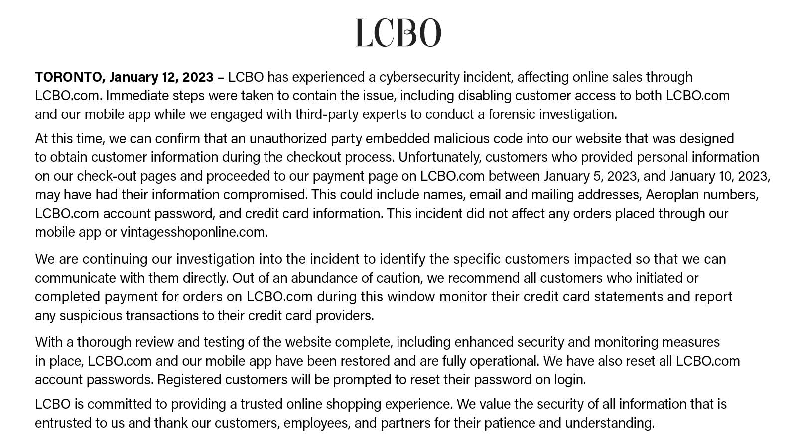 LCBO サイバー インシデント ステートメント