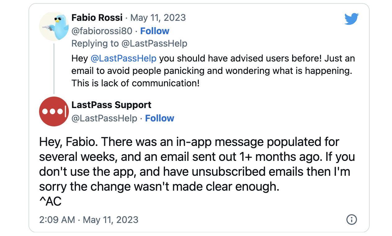LastPass tweet reply