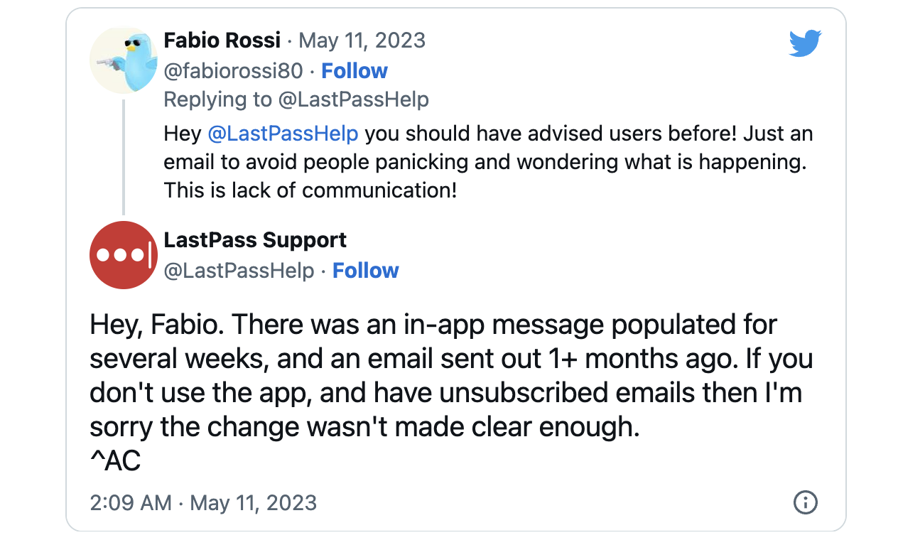 LastPass のツイートへの返信