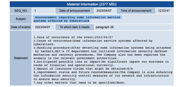 MSI TWSE filing regarding the cyberattack