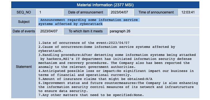 MSI TWSE filing regarding cyberattack