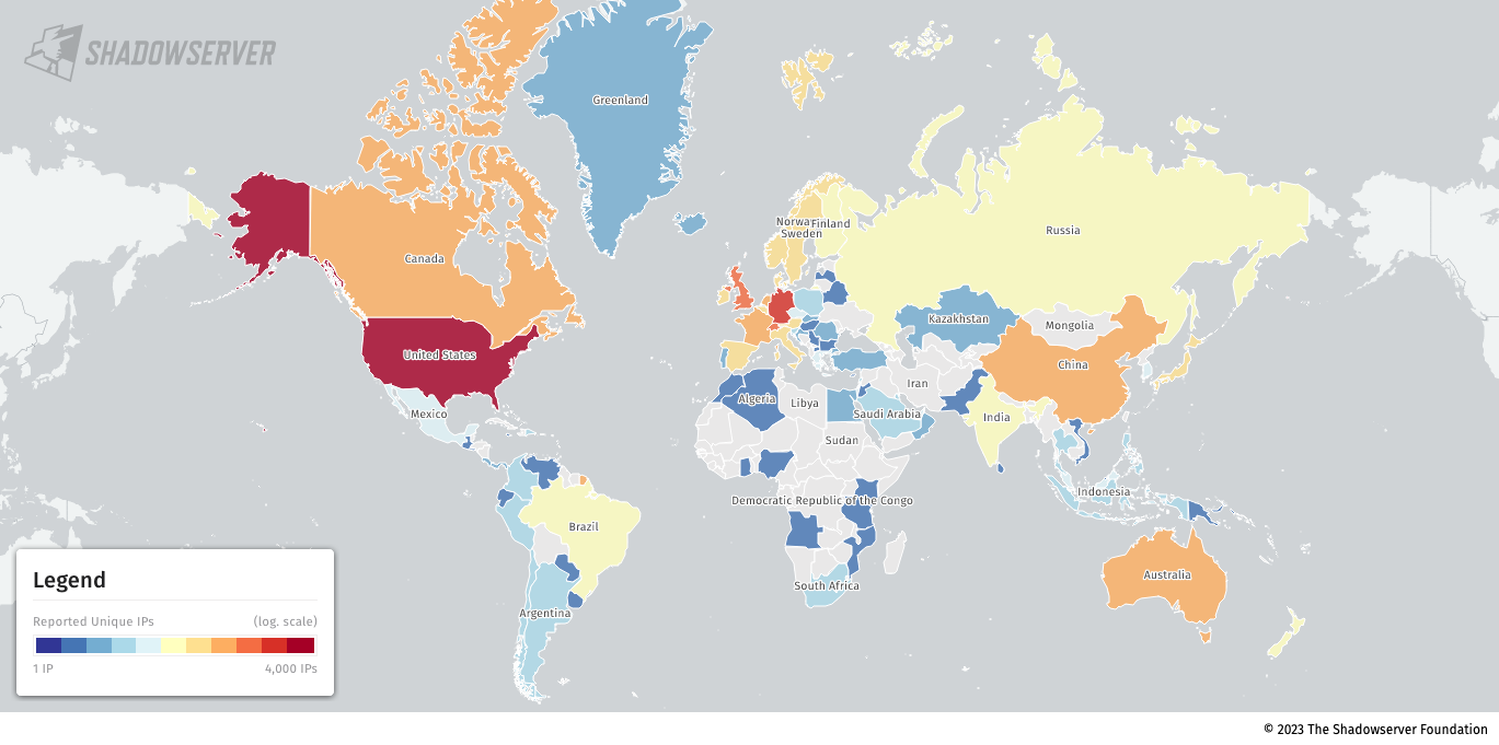 Map of Citrix servers vulnerable to CVE-2023-3519 attacks