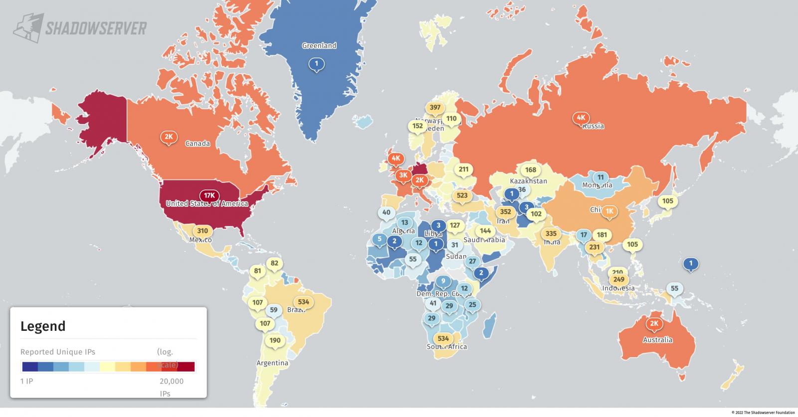 Map of unpatched Exchange servers against ProxyNotShell